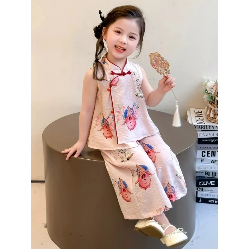 女小童夏季中国风汉服两件套2025新款女宝宝休闲古风夏款套装