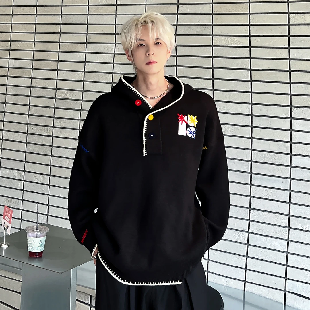 色彩扣贴布设计连帽针织开衫外套男春秋潮牌情侣ins慵懒宽松上衣