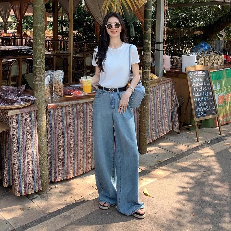 美式遮跨阔腿牛仔裤女2025年春夏新款高腰宽松垂感拖地直筒裤薄款