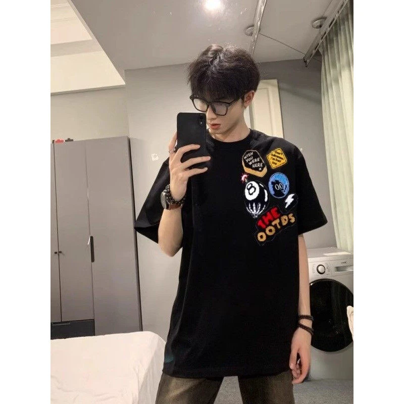 美式高街植绒刺绣纯棉短袖男夏季2025新款320g重磅情侣T恤5分半袖