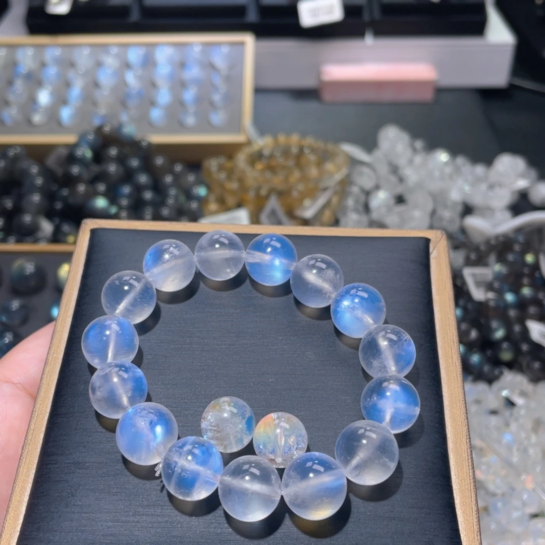 N***a手链未镶嵌长石月光石手链12mm+ 2颗马岛单珠