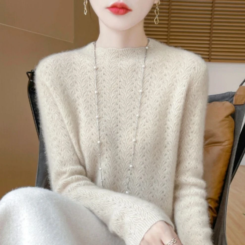 穗穗平安!重工半高领麦穗花镂空节节高升长袖羊毛衫女修身毛衣