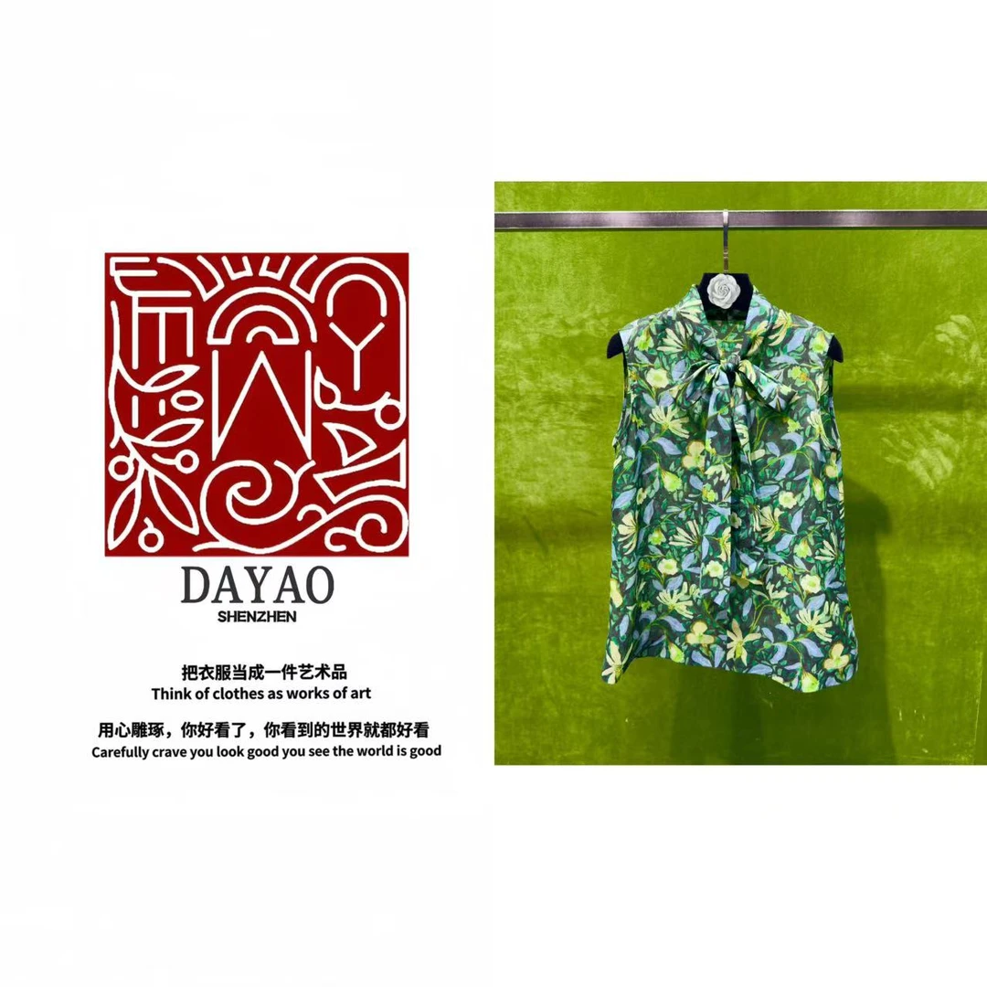 「DAYAO」高级仙美淡雅印花气质亚麻后衬衣背心上衣 WYS25638