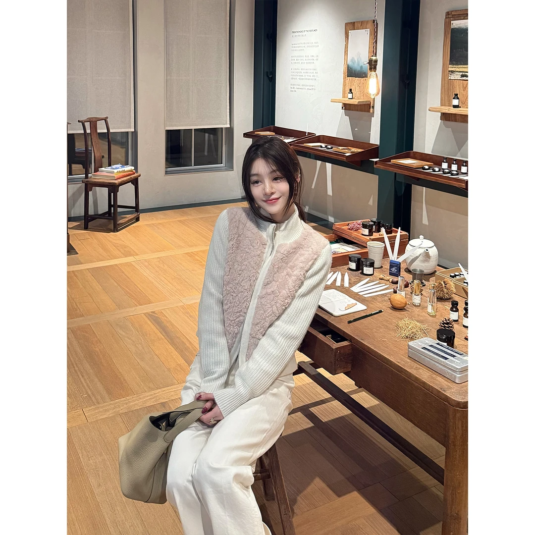 Jnnlh 【小暖包】30羊毛！毛绒绒！白色拼接长袖针织外套