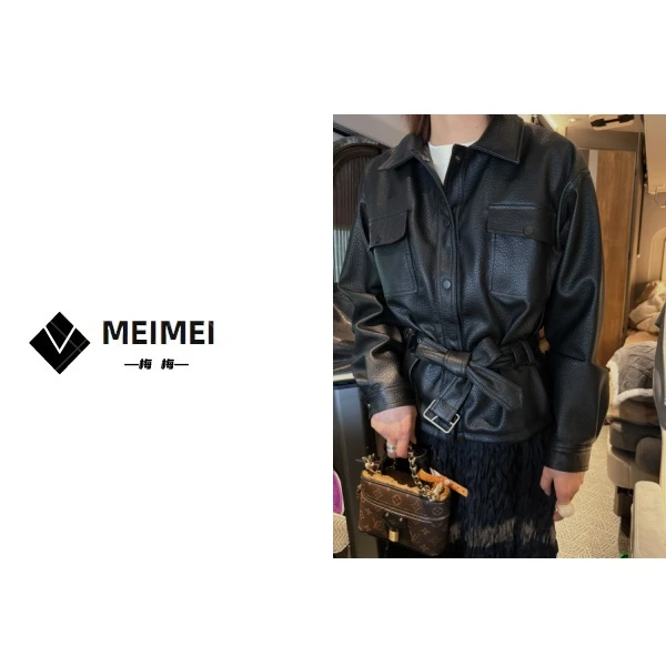 XMM.【纹路腰带皮衣】时尚百搭潮流纯色黑色复古宽松气质休闲春K006