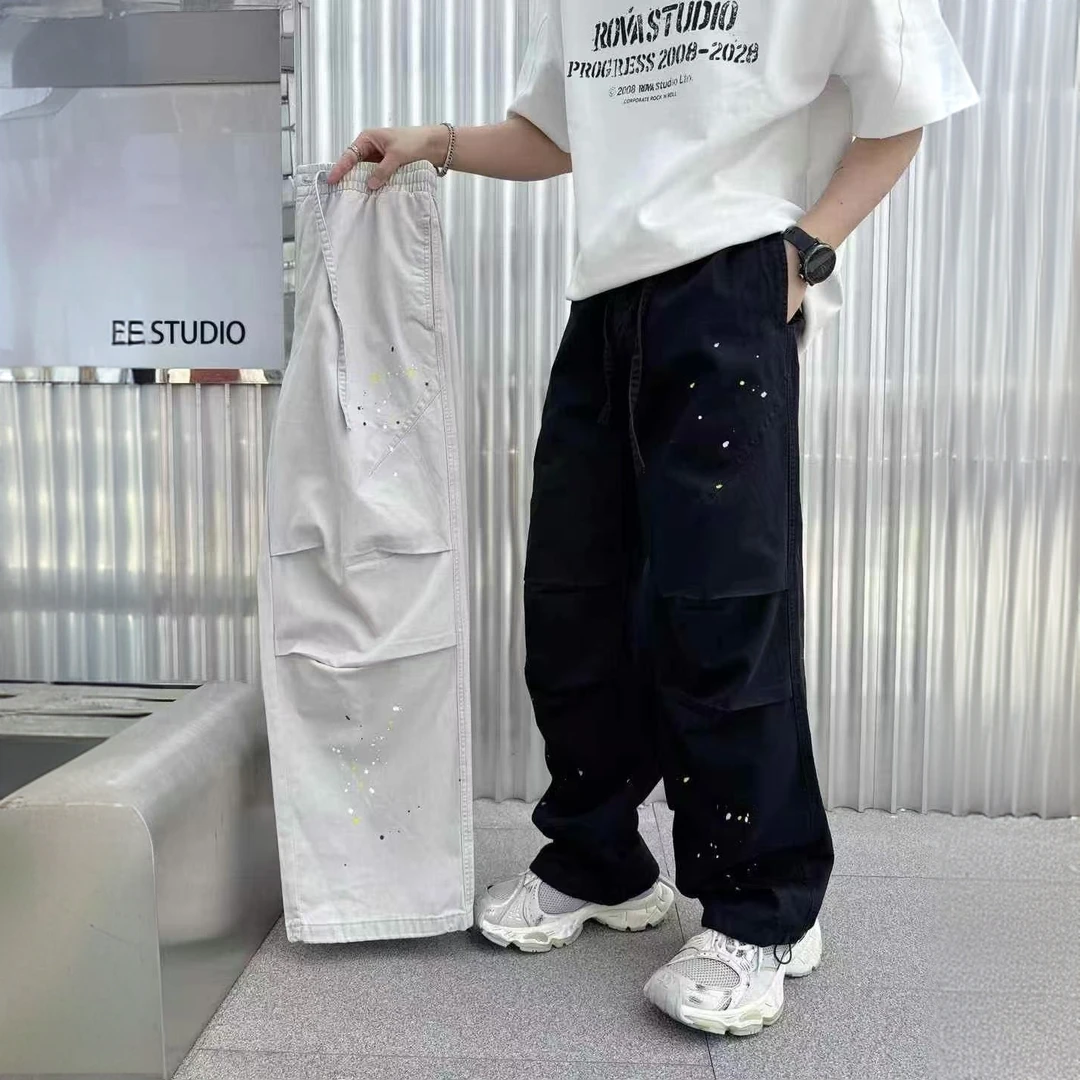 男士2025春季新款弯刀休闲裤个性立体裁剪油漆点印花宽松直筒裤潮