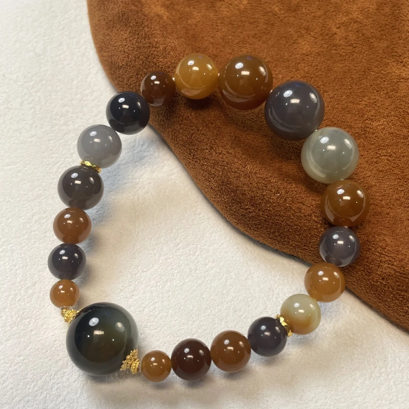 珠联帮【18K】和田玉（敦煌）渐变多宝+1.3楼兰单圈手串