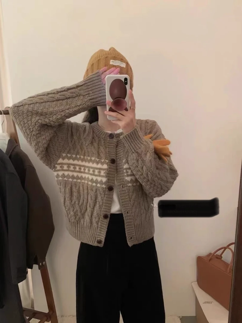 韩版高级感拼色麻花针织开衫女秋季新款慵懒圆领毛衣