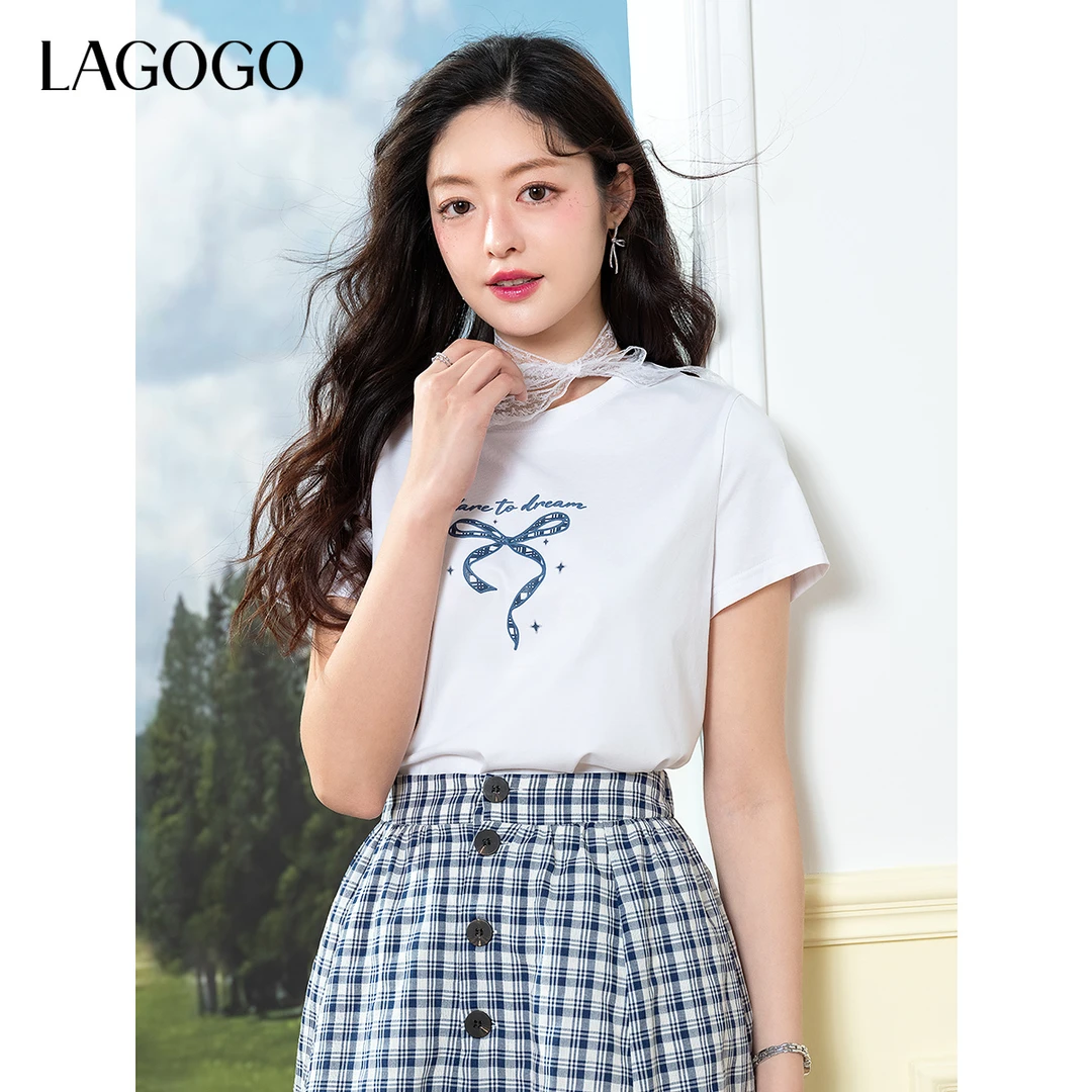 【李易行】lagogo新款凉感新疆棉蝴蝶结礼物白T女OATT313GC9