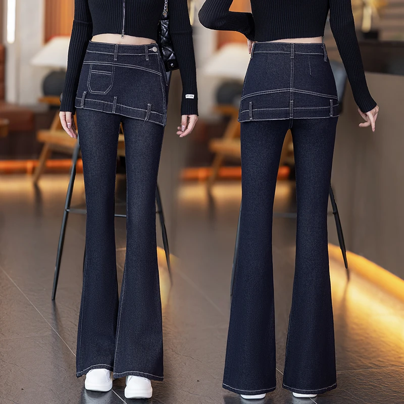百搭显瘦修身微喇叭裤丹宁蓝春秋季假两件复古马蹄牛仔裤高腰裤裙