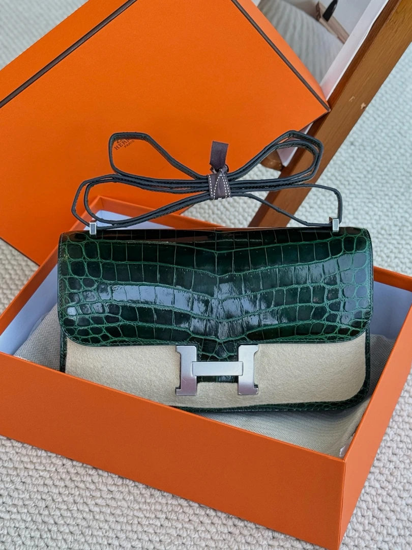 99新 Hermes/爱马仕 【小池专属】康康elan祖母绿银扣亮面两点X刻