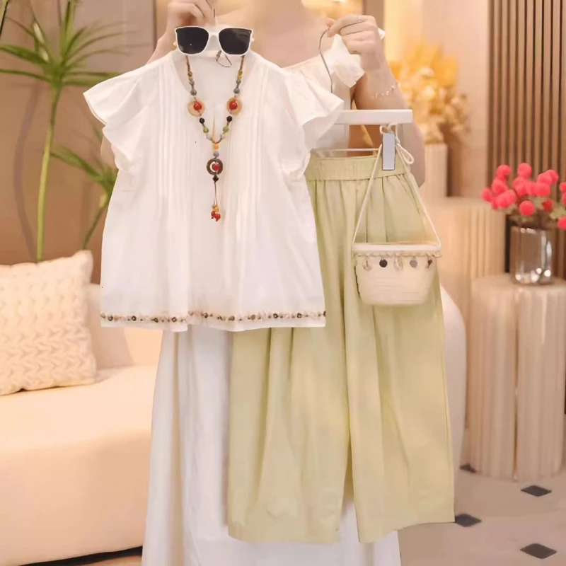 宝宝2025夏季新款儿童时尚汉服女童洋气阔腿裤休闲百搭两件套潮