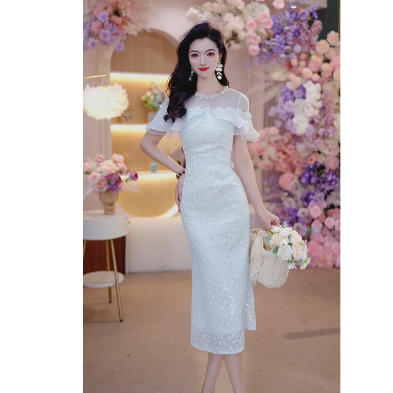 2025夏季新款时尚气质显瘦修身网纱轻奢名媛设计师短袖连衣裙6191