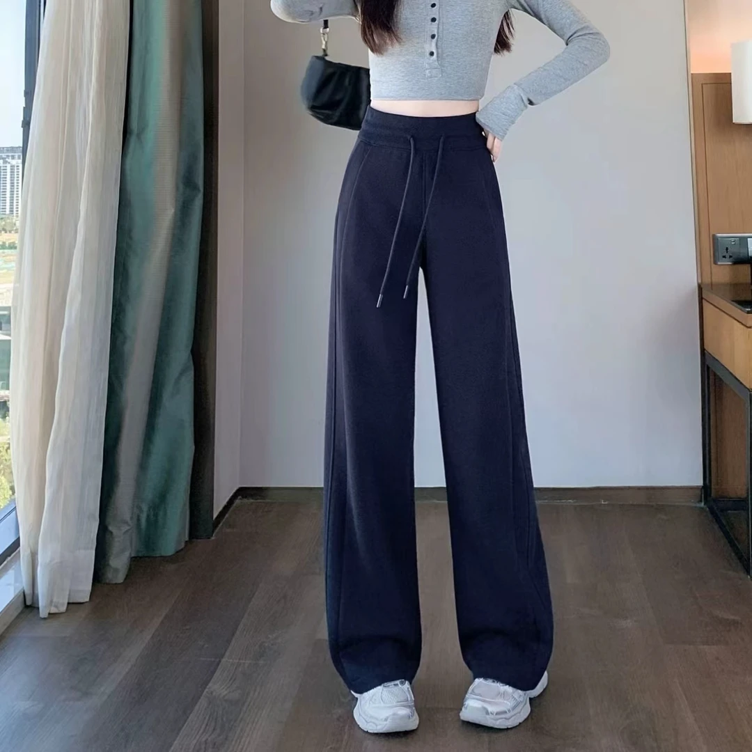 秋冬加绒加厚时尚休闲裤女高腰运动垂感直筒宽松显瘦阔腿裤