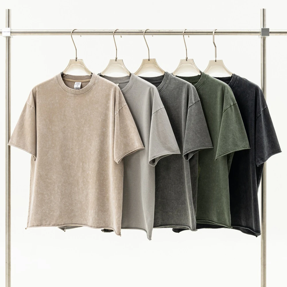 275G重磅蜡染水洗做旧纯色短袖T恤潮牌高街休闲宽松体恤半袖男夏