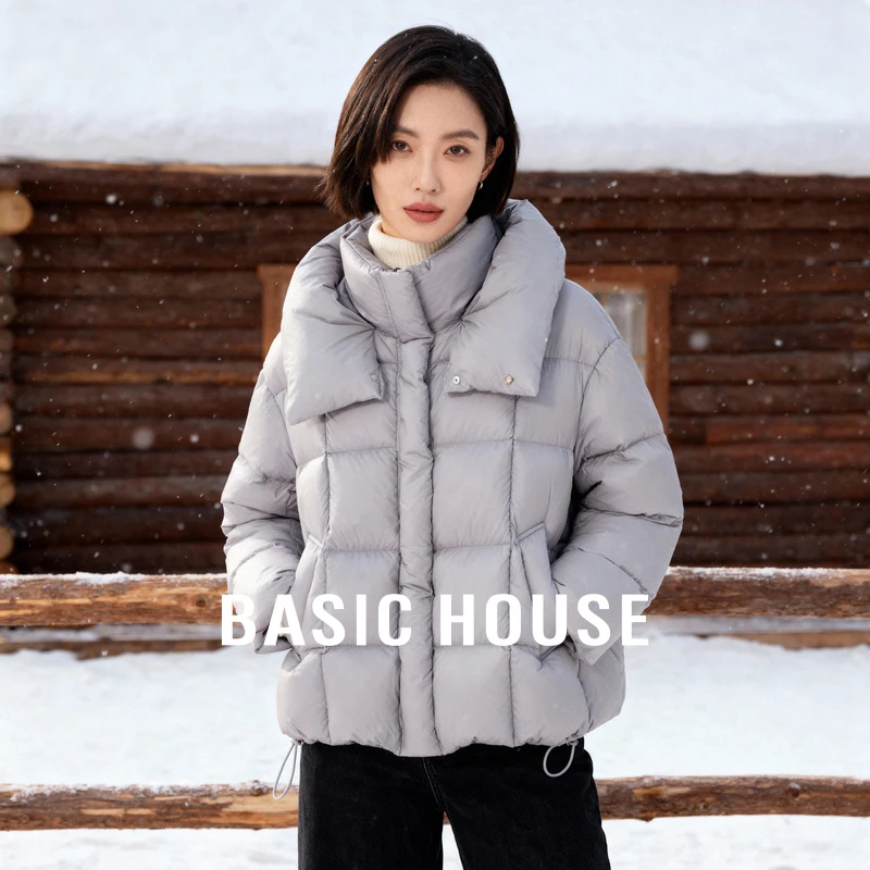 Basic House/百家好连帽白鸭绒方格外套冬季保暖黑色立领羽绒服女