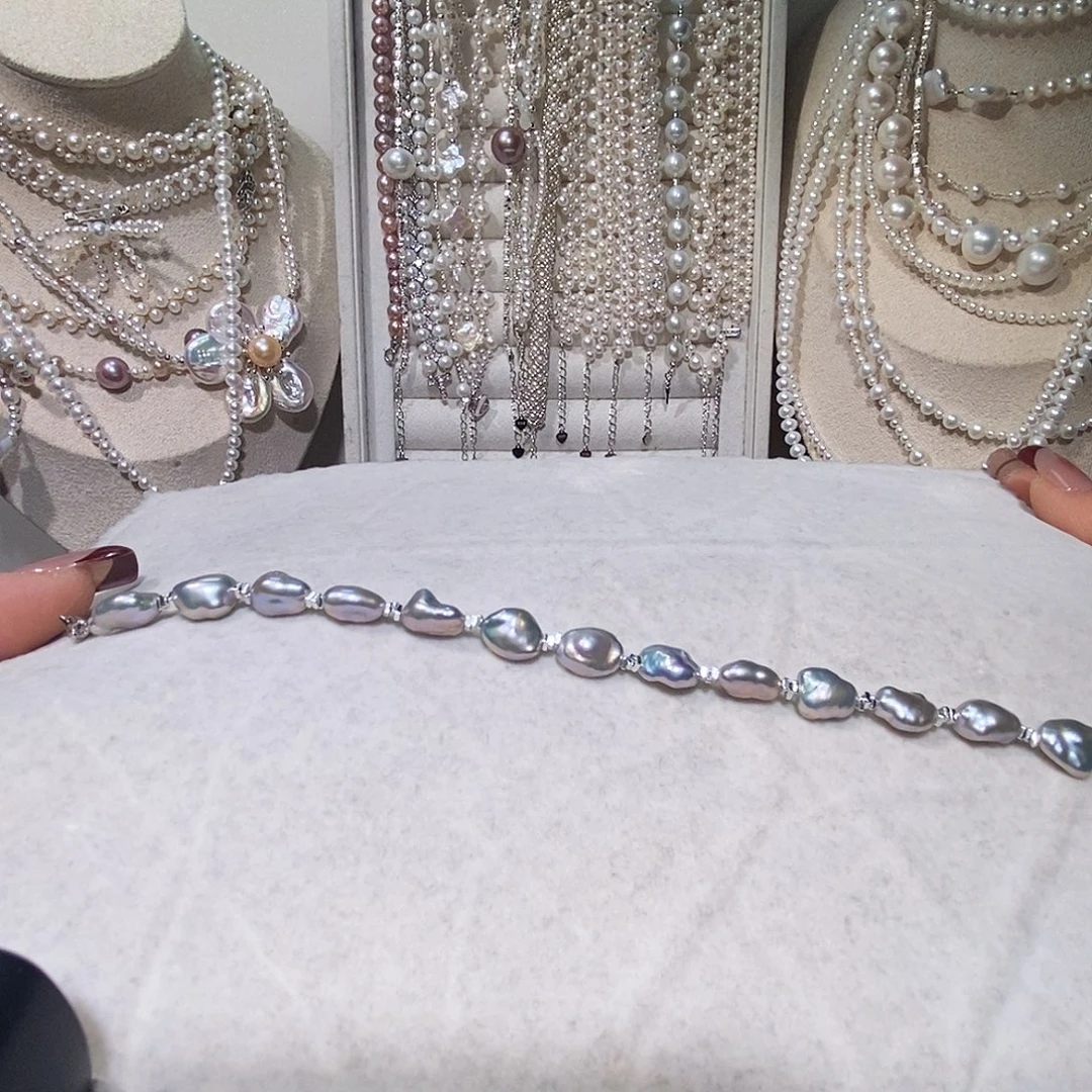 手链银S925镶嵌淡水珍珠极光炫彩碎银子手链