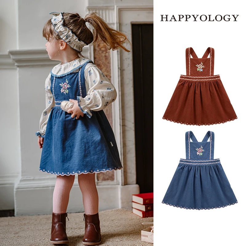 Happyology英国儿童秋冬新款童装背带裙子灯芯绒撞色绣花边半身裙