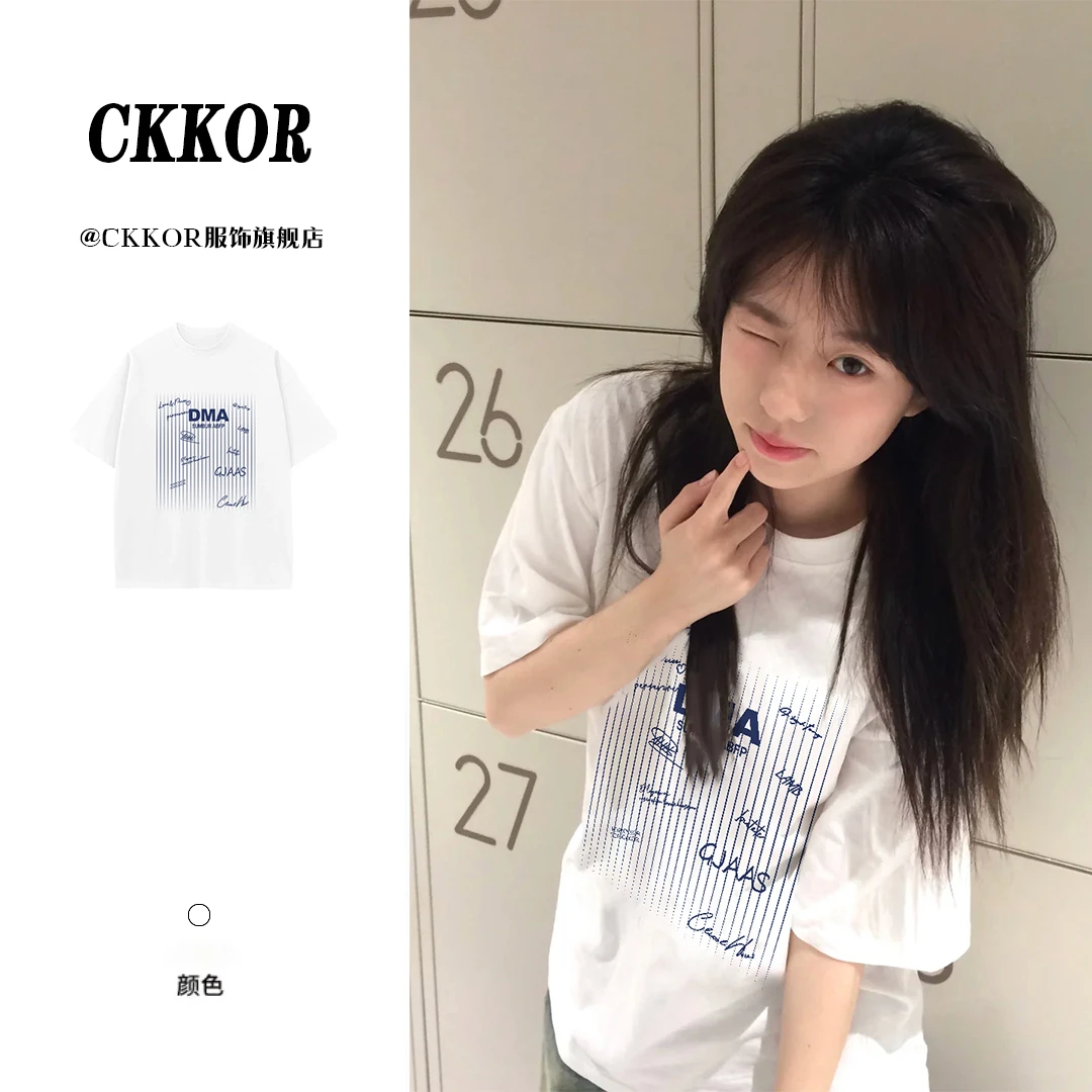 CKKOR夏季新款美式印花短袖t恤女复古休闲百搭小众设计感圆领上衣