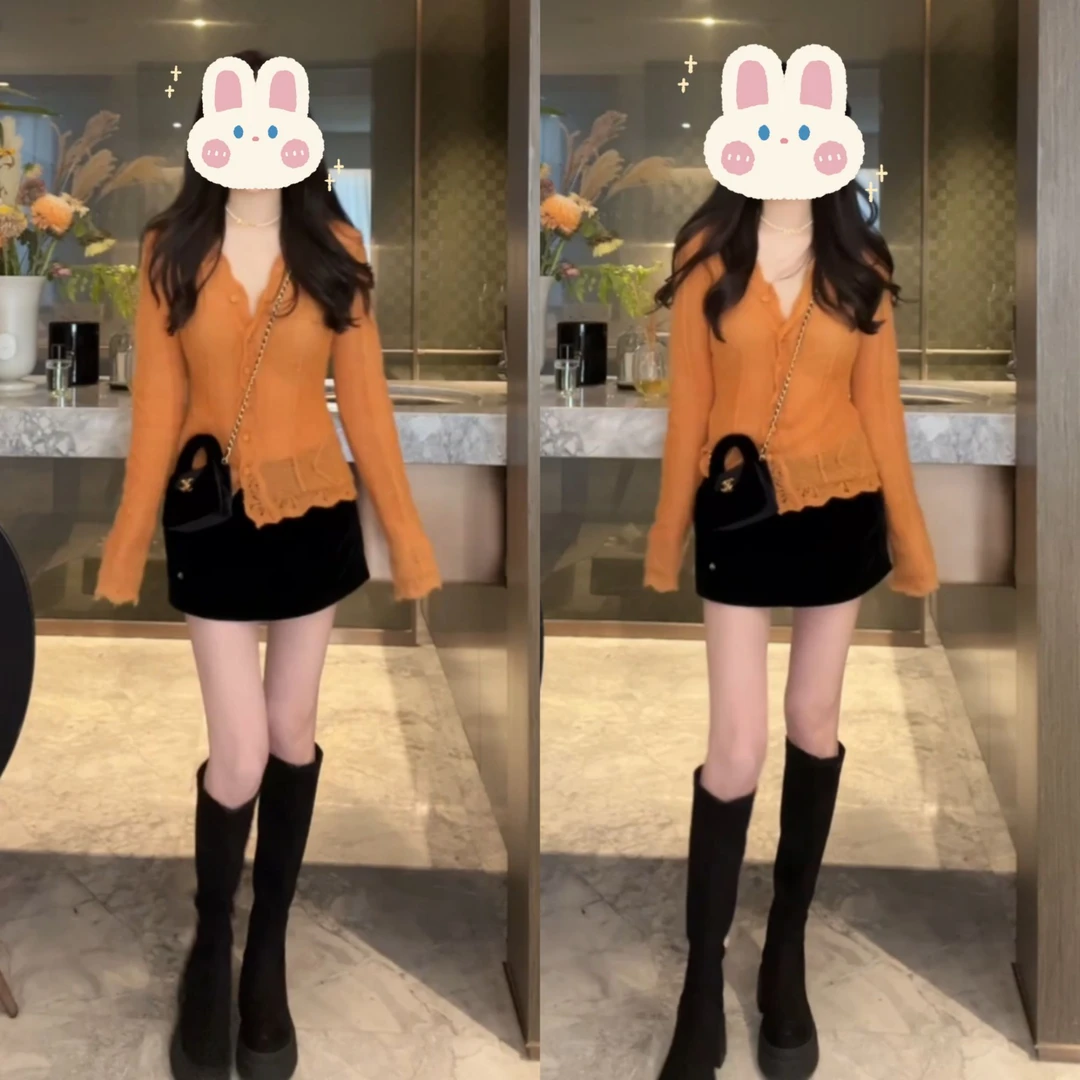 落日余晖法式蕾丝花边针织针织开衫+显瘦丝绒A字半身裤裙BB50425