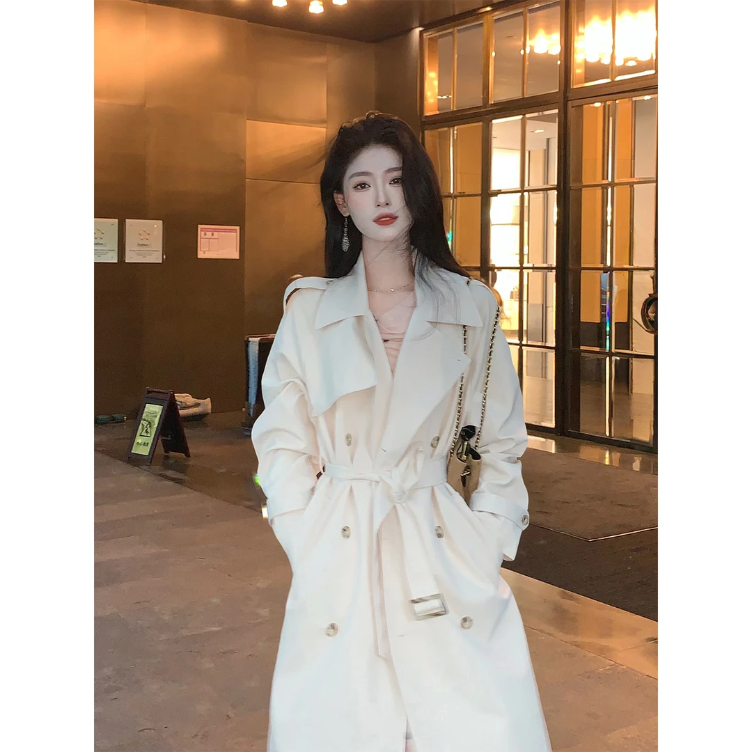 凌茜恣禾【白日旷野】灰杏色中长款风衣秋季斜纹气质高级感系带外套