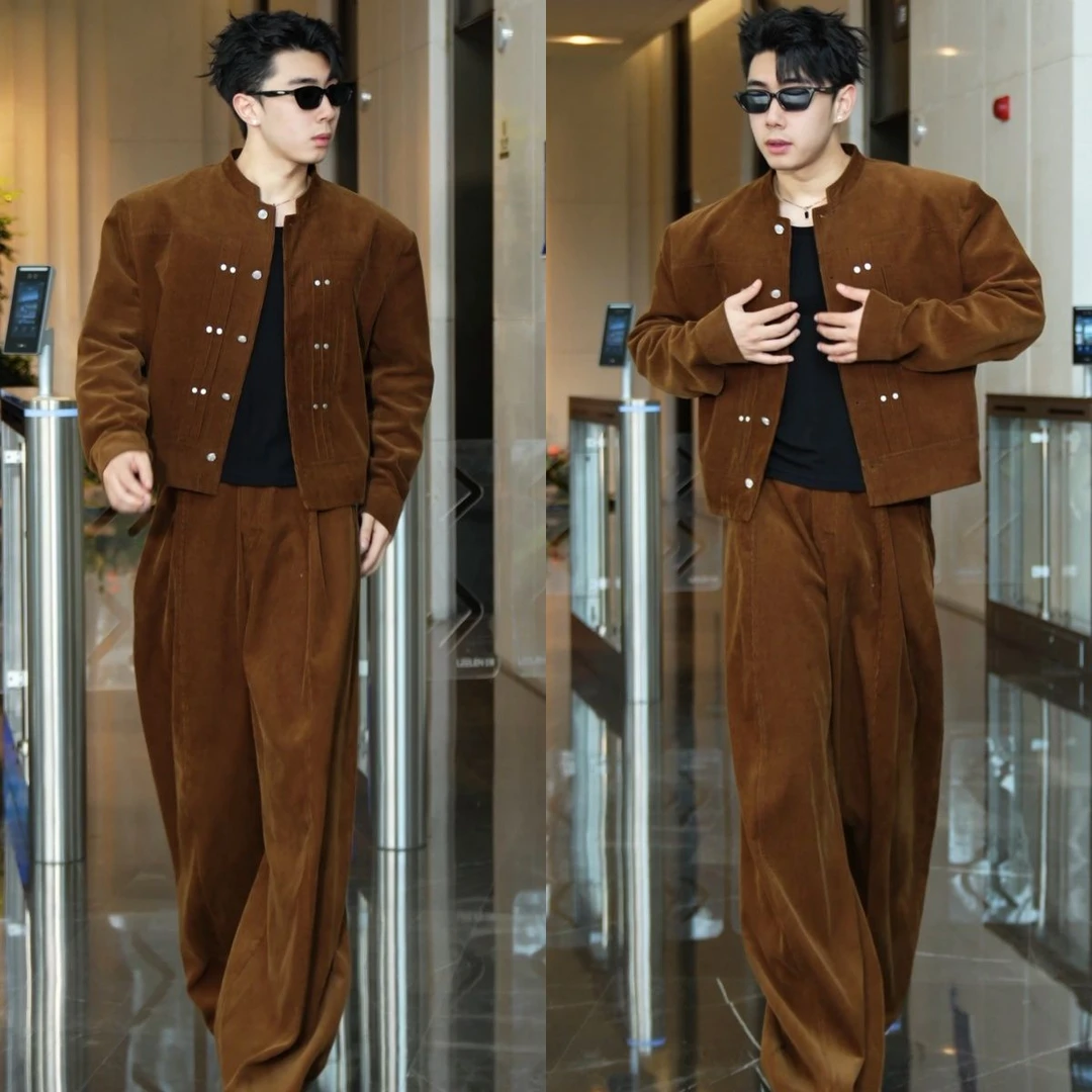 秋季新品美式复古设计立领夹克套装潮牌宽松休闲外套长裤休闲套装