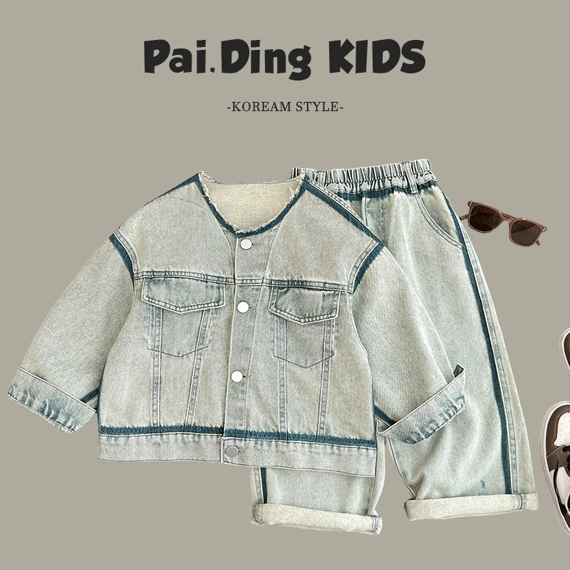 【小首尔】现货-春装儿童复古水洗休闲宽松洋气帅气牛仔套装SJ4929