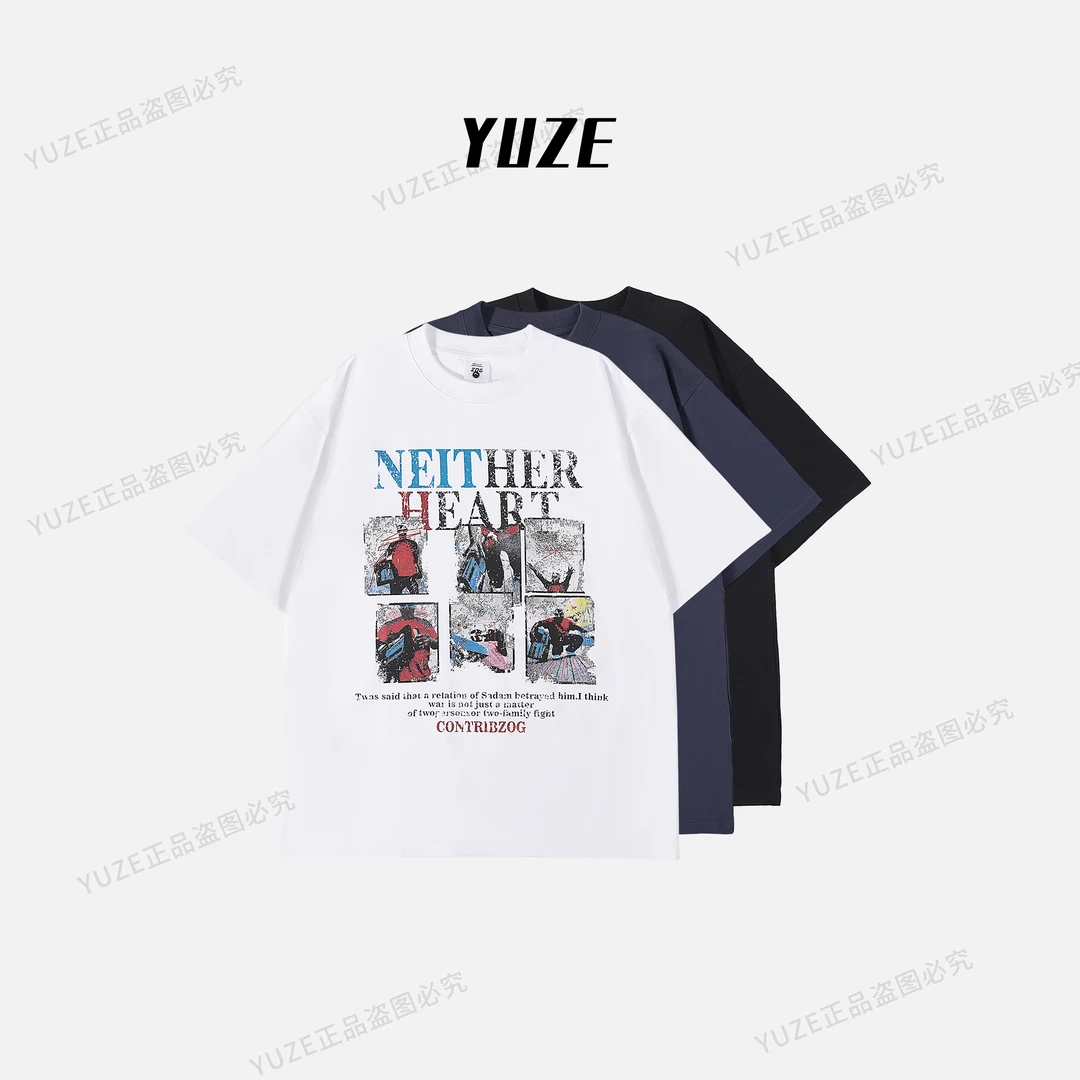 【YUZE】夏季新款美式复古纯棉潮牌印花短袖宽松百搭休闲T恤YZ9223