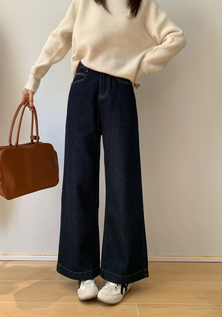 【Niche Young】复兴 韩系新款高腰阔腿牛仔裤加绒丹宁微喇裤Y6260