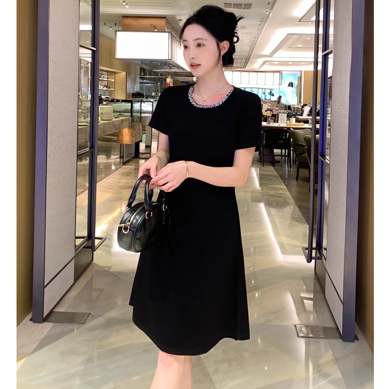 2025夏季新款优雅精致赫本收腰韩版中长款拼接时尚连衣裙#898