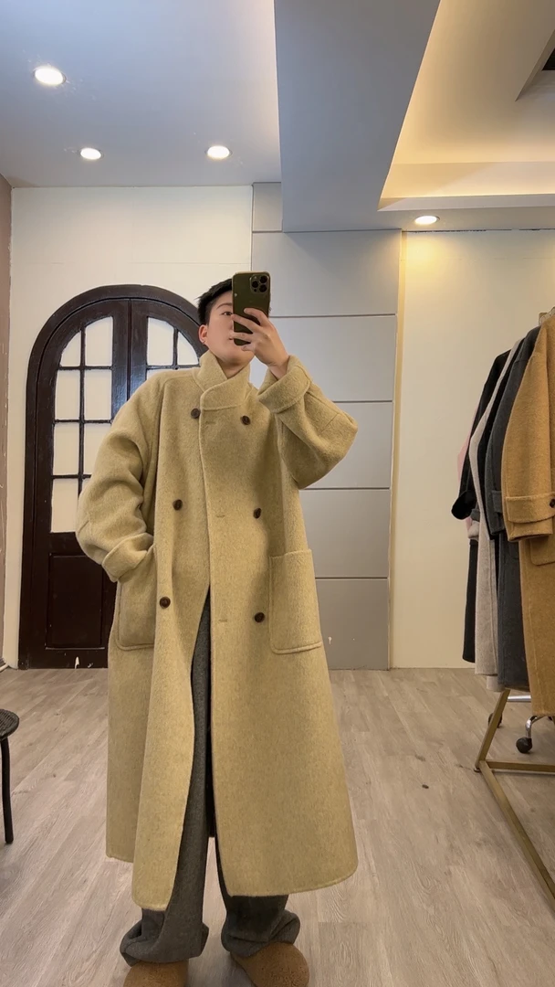 小7定制跨年新款双排扣立领长款羊毛大衣女宽松显瘦外套大衣