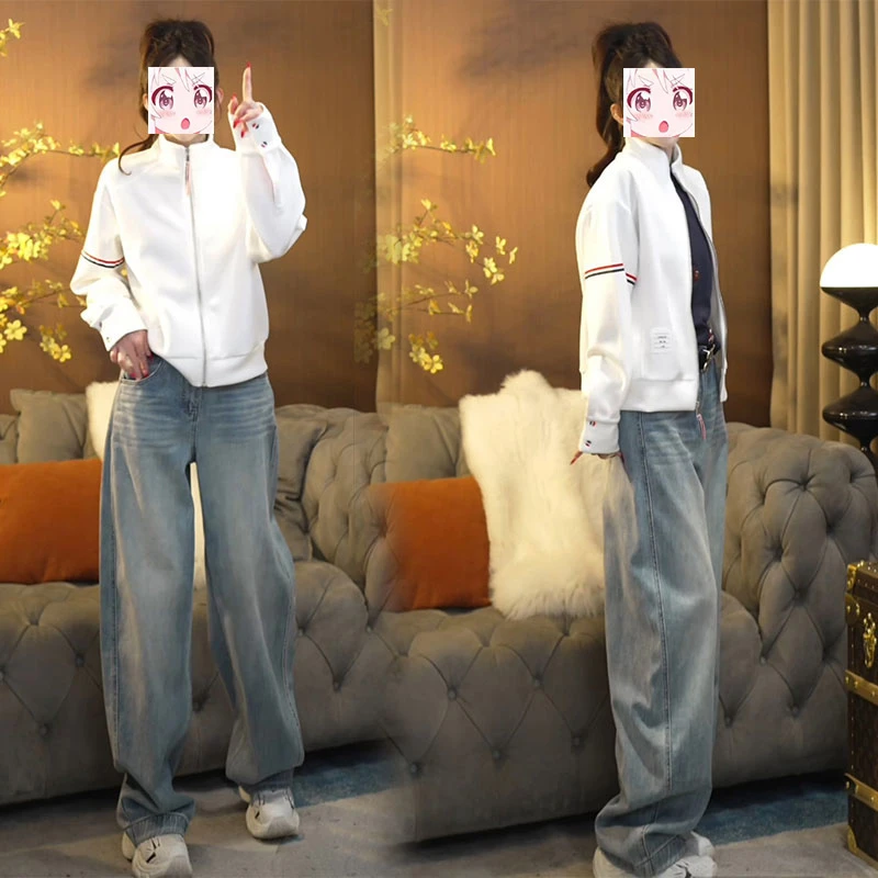 2025秋季新款时尚织带设计宽松立领棒球服卫衣外套牛仔裤子两件套