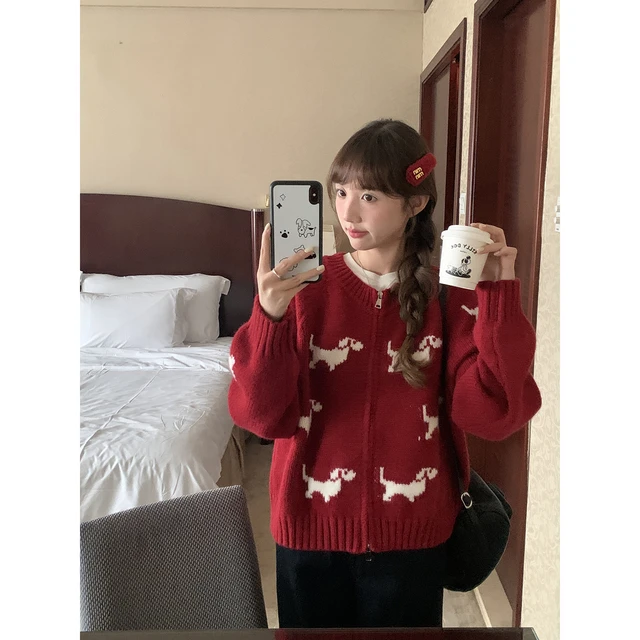 【旺旺小狗】减龄双拉链毛衣外套可爱冬季新款韩系温柔新年上衣女