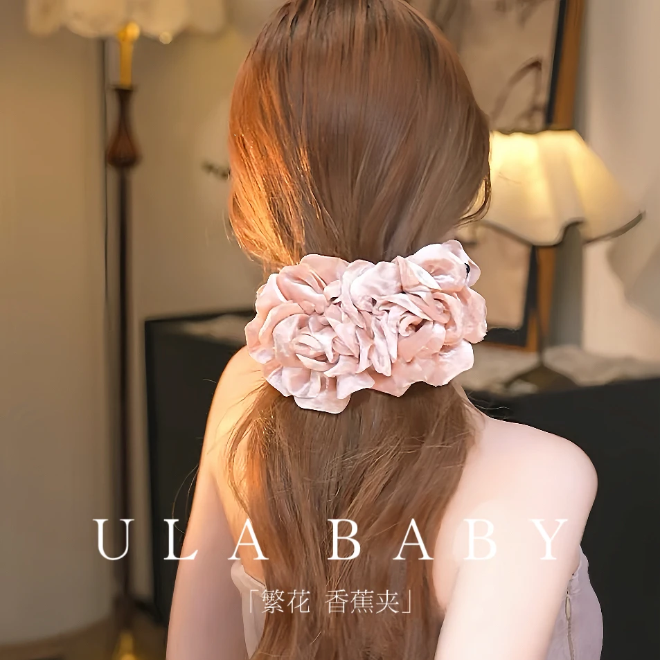 【喜儿ula】9-30-2「繁花 香蕉夹」气质复古丝绒玫瑰香蕉抓夹
