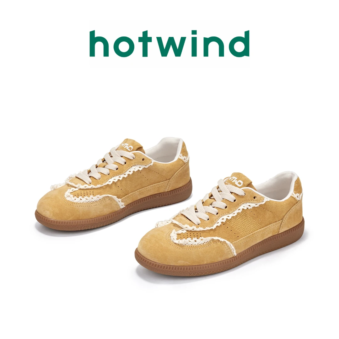 Hotwind/热风复古蕾丝德训鞋新款小众设计平底拼色休闲运动板鞋