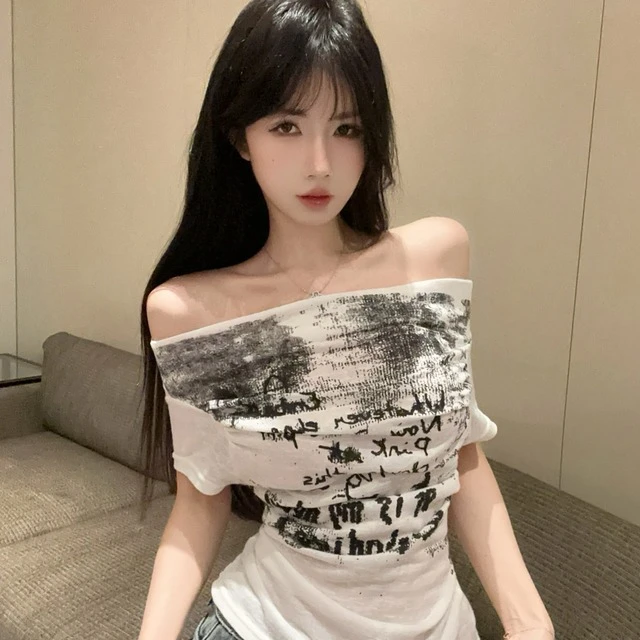 不规则扎染斜肩短袖t恤女夏季美式y2k辣妹一字肩露肩上衣独特别致