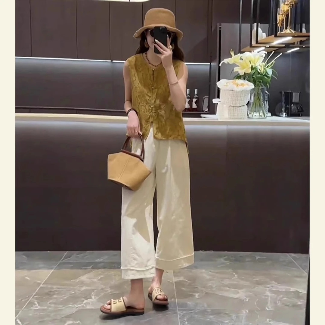 套装女夏季薄款2025新款小个子无袖黄色衬衫九分休闲裤时尚两件套