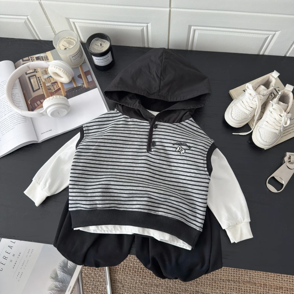 男童连帽马甲三件套装春秋款2025新款儿童装痞帅男孩宝宝秋装衣服