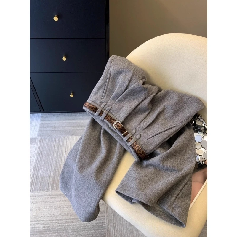 新品毛呢西装阔腿裤女冬气质时尚简约百搭直筒裤子咖棕色呢子长裤