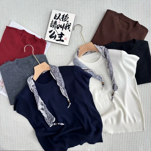 ［春春定制］新款韩版百搭修身显瘦时尚纯色飞飞袖丝巾针织上衣6674