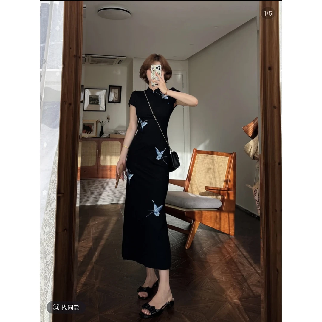 蕾英俊-蝶梦令-夏季新中式镂空网纱蝴蝶刺绣黑色气质连衣裙显瘦