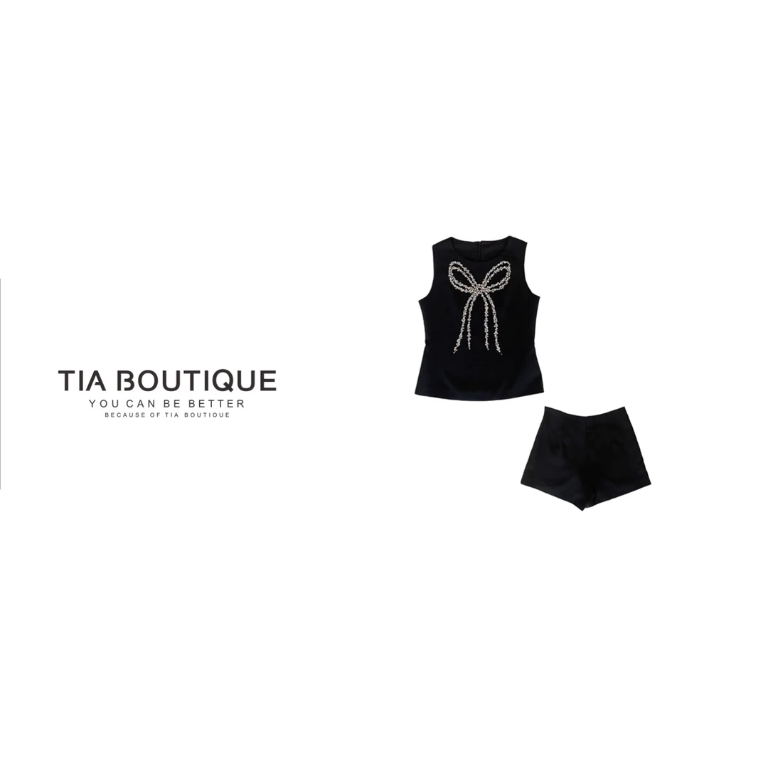 【布拉安妮】夏款新重工千金风蝴蝶结水钻天无袖上衣短裤套装TZ0023
