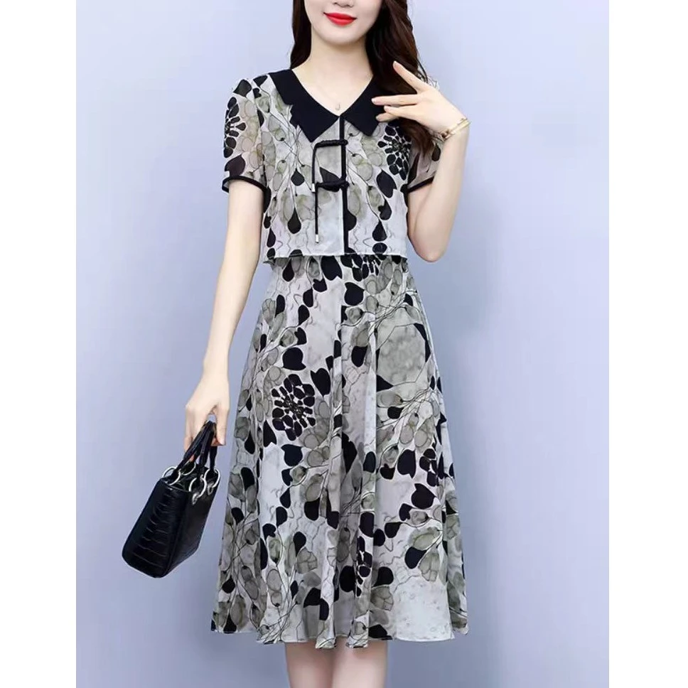 V3052时尚气质优雅设计感假两件连衣裙夏季时尚中长裙