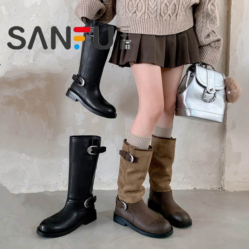三福秋冬靴子女长筒靴2025新粗跟圆头拼接西部靴褶皱堆堆靴骑士靴