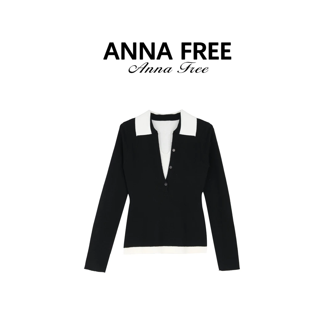 ANNA FREE 常规款POLO衫翻领长袖拼接撞色修身小众设计师Z8471