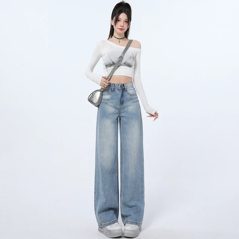 【木木夕】早秋美式复古高腰百搭直筒牛仔裤水洗宽松绣花垂感阔腿裤