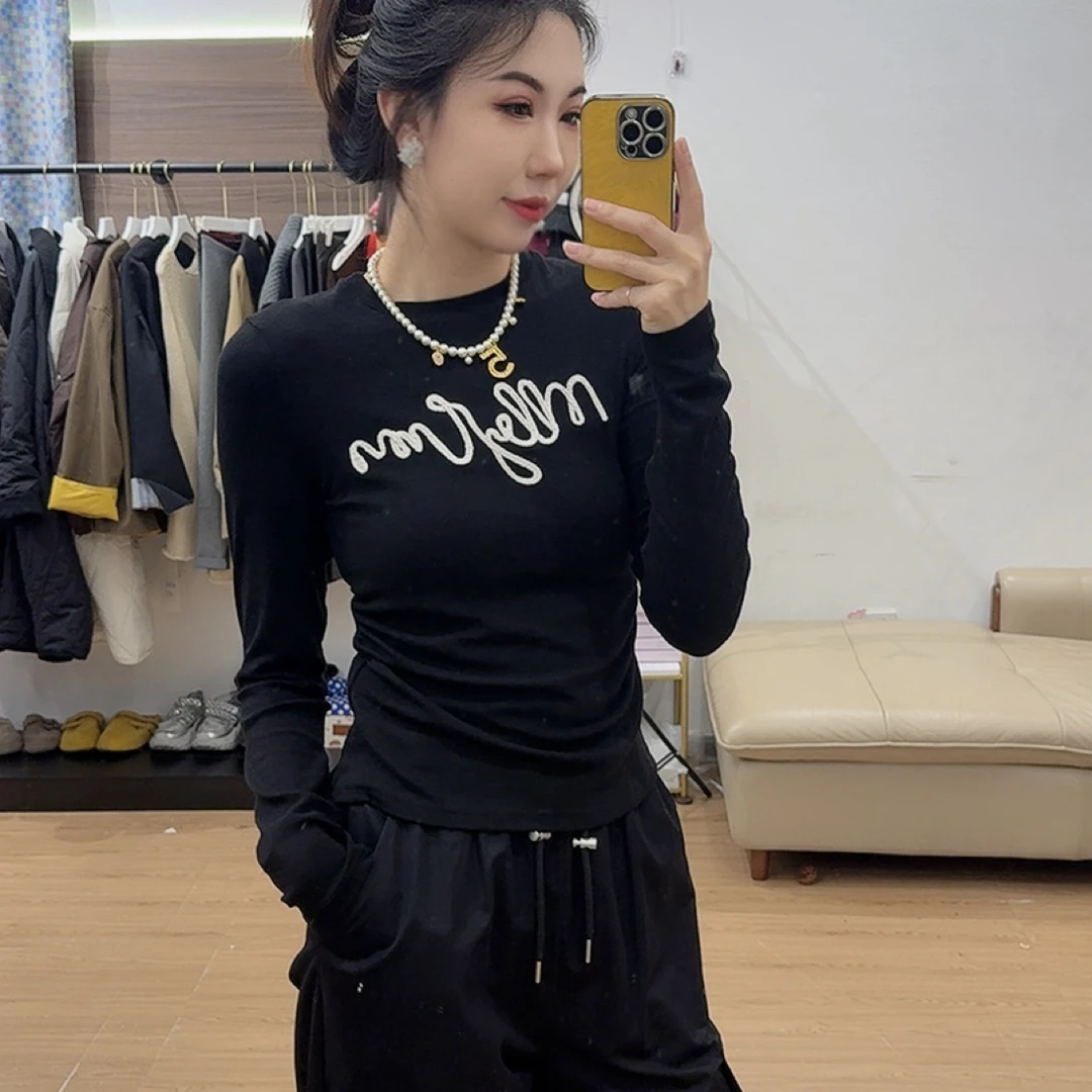 【木子家】T恤百搭女士灰色秋冬纯棉半高领打底衫修身