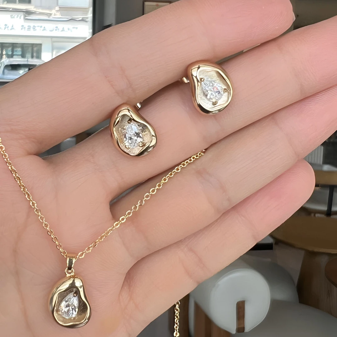 铜合金锆石项链 01时尚百搭经典女款铜合金项链耳钉两件套锆石