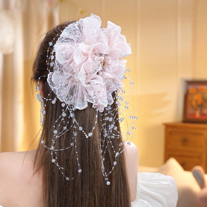 爱丽丝韩系风格鲨鱼夹梦幻灵动流苏抓夹镂空蕾丝发夹优雅气质发饰