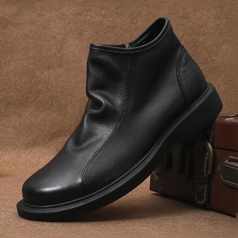 真皮切尔西靴黑色马丁靴男鞋子中帮皮鞋高帮工装靴冬季加绒男靴子
